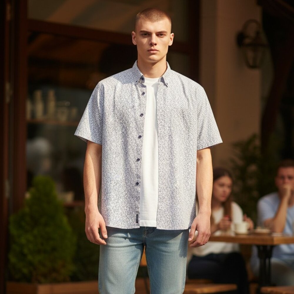 Johnnie-O Hangin' Out Men's Large Short Sleeve Button Down Seashell Floral Shirt